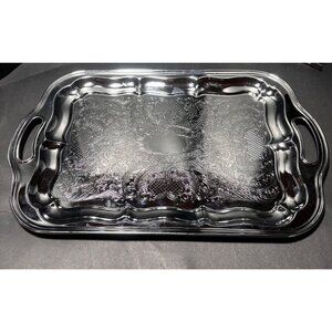 Irvinware Chrome Silver Plated Vintage MCM Serving Tray Floral Engraving VTG 70